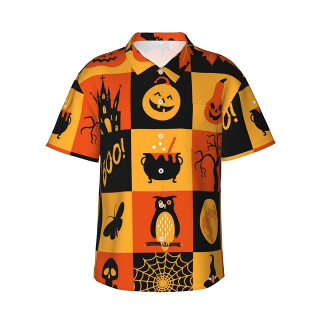Balery Halloween Banner Symbols Camisas hawaianas de manga corta para hombre, camisas playeras de corte holgado, camisas de vacaciones con botones,Large