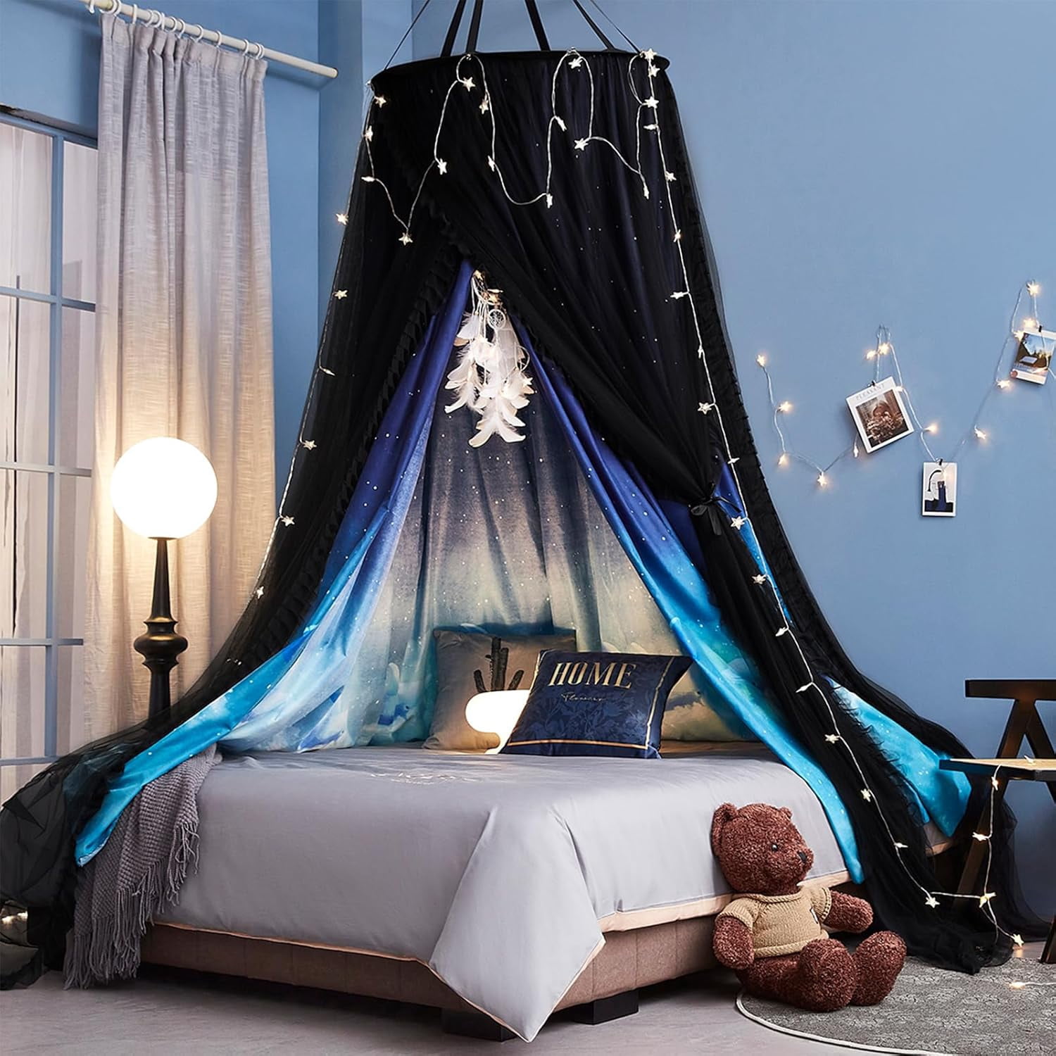 Gorgeous Dolphin Printed Bed Canopy for Girls & Adults, Room Decorative Cozy Bed Curtain Canopy Drapes, Round Dome Luxurious Lace Princess Canopies Mosquito Netting (Dolphin)