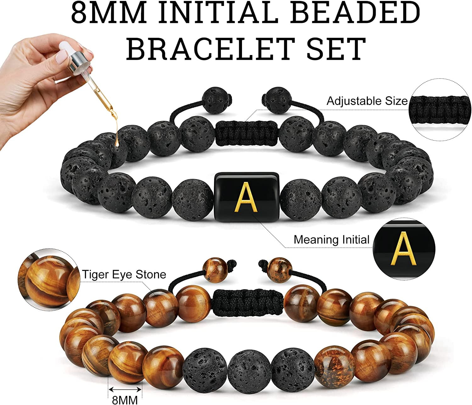 LUXEJEW Initial Beaded Bracelets for Men, 8mm Tiger Eye Lava Rock Stone  Handmade Mens Bracelet Adjustable Stress Relief Anxiety Bracelets for Men  Jewelry Gifts for Men 