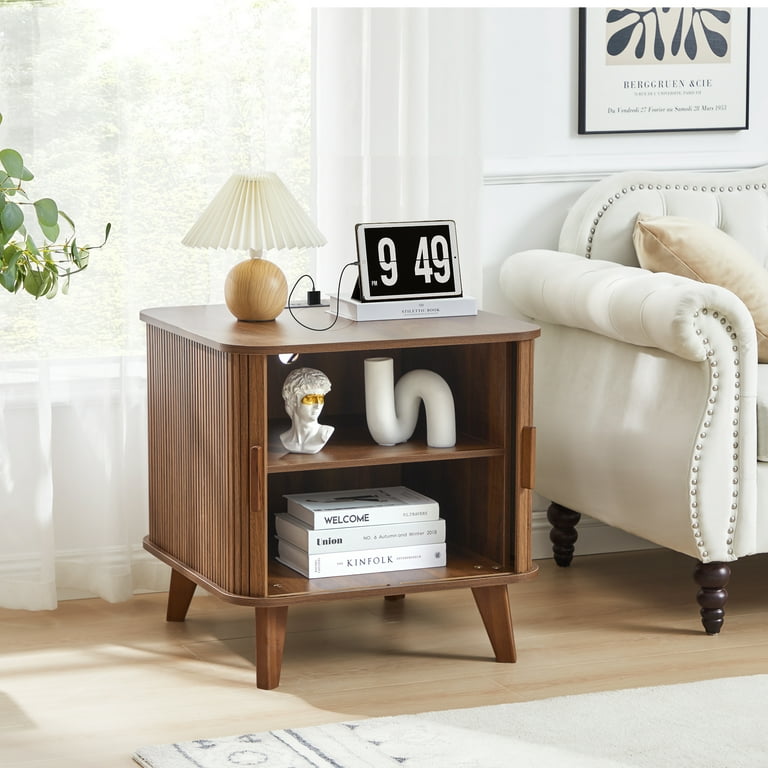 PHOYAL Walnut Large End Table with Charging Station, Vertical