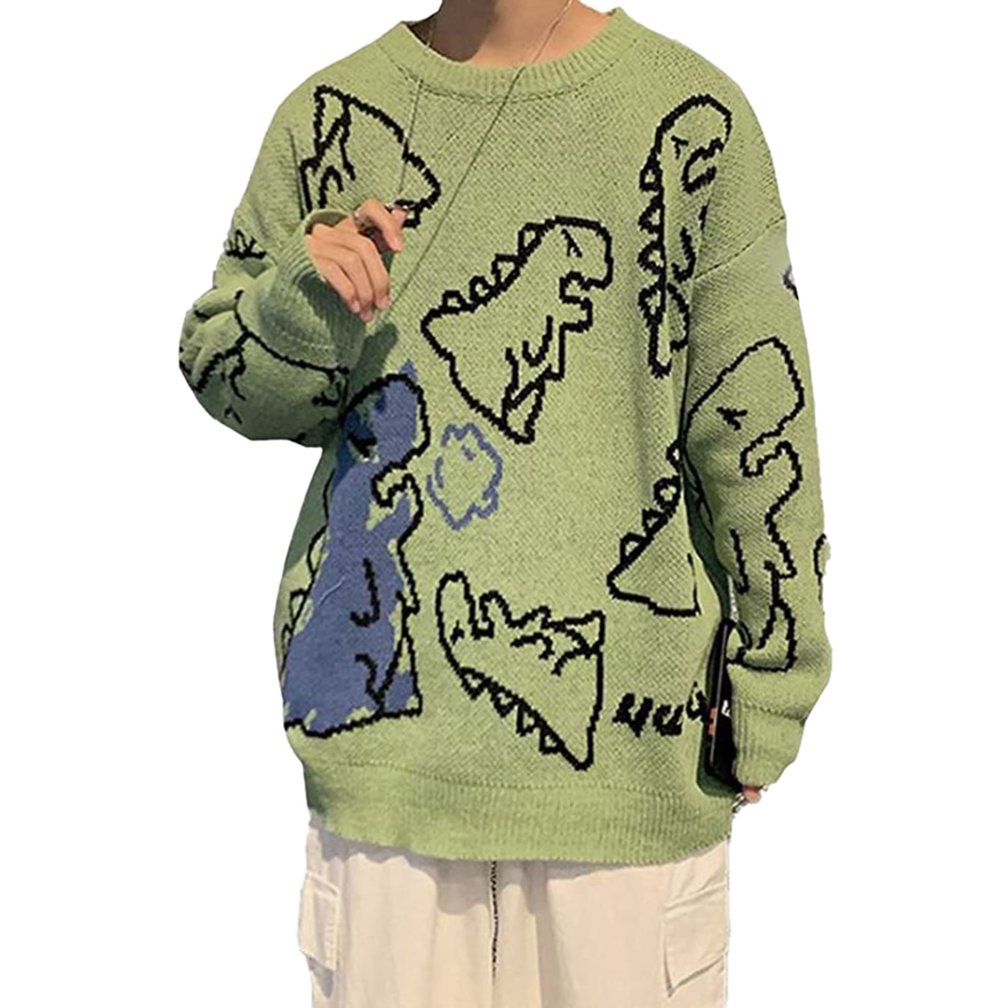 wybzd Women Green Dinosaur Print Sweater Fashion Long Sleeve Knit Pullover  Loose Warm Jumper Tops Green M - Walmart.com