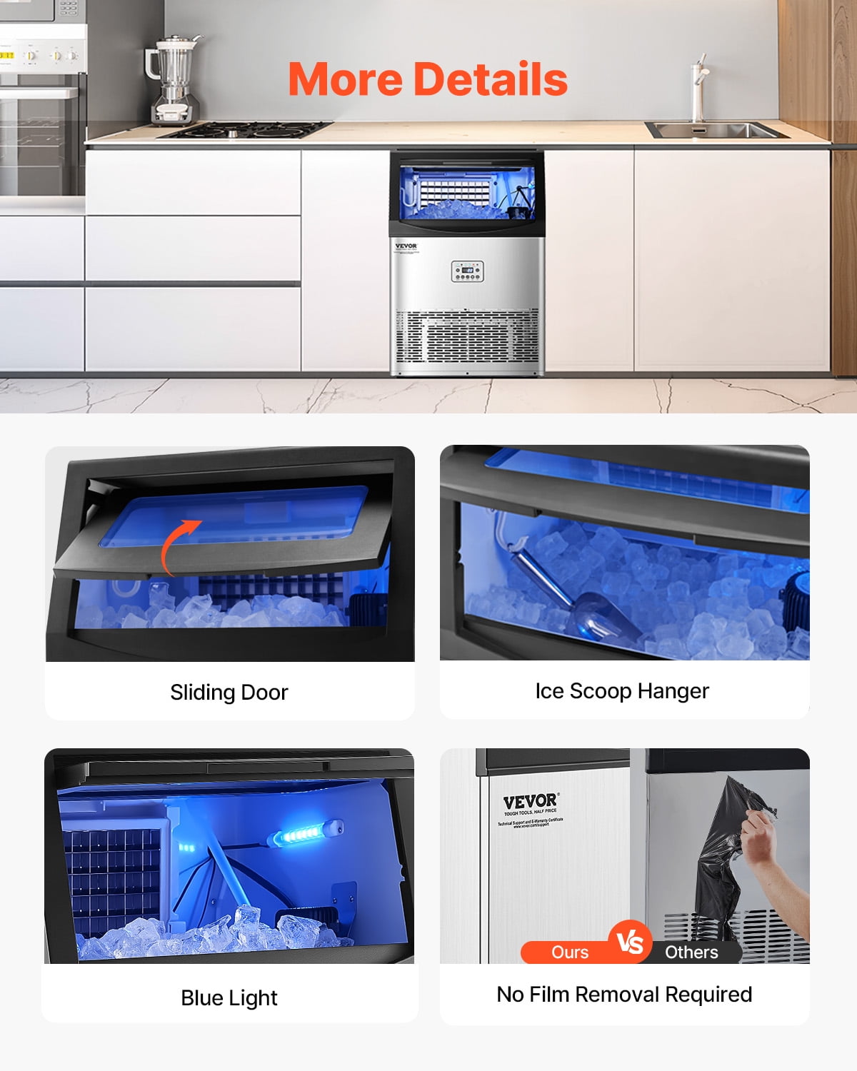 VEVOR Commercial Ice Maker Machine, 90lbs/24H Ice Maker Machine with 33lbs Storage Capacity, 50 Ice Cubes in 15 Minutes, LED Digital Display Freestanding Self-Cleaning
