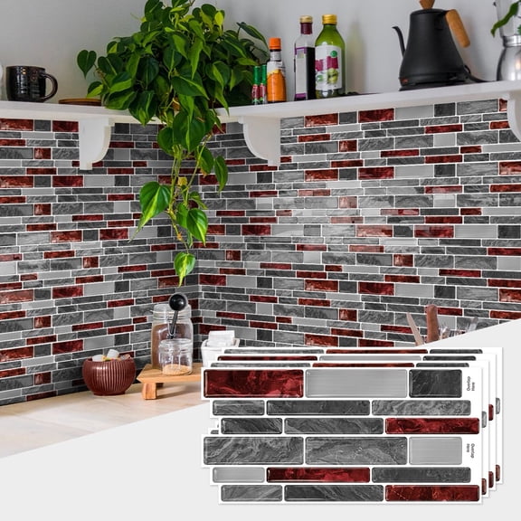 10Sheets Waterproof Red Gray Marbling 3D Tiles Stickers 4.72x9.69inch DIY Decor Mosaic Wall Decals Self Adhesive Peel and Stick Backsplash