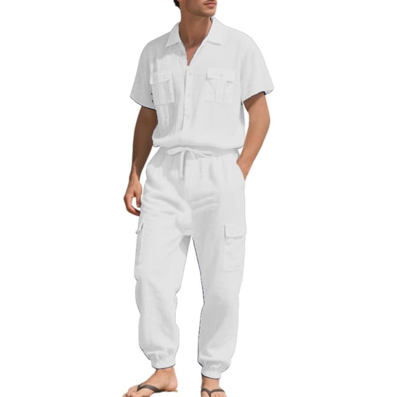 Hinvhai Men 2 Piece Linen Set Outfits Drawstring Long Pants Button Down Roll Up Sleeve Shirts Beach Wedding Suit Sets White S(S)