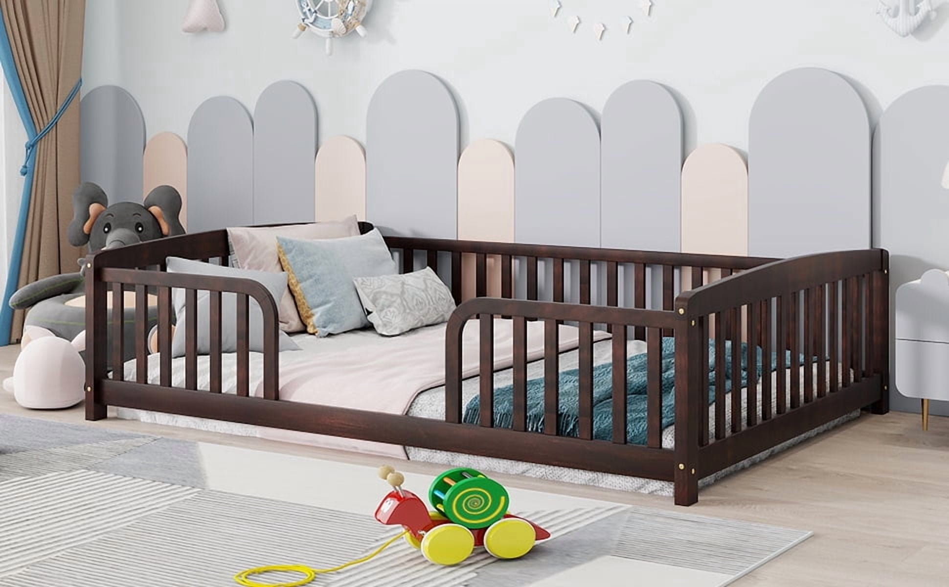 Mintazer Full Size Toddler Floor Bed with Guardrails & Central Entrance, Espresso