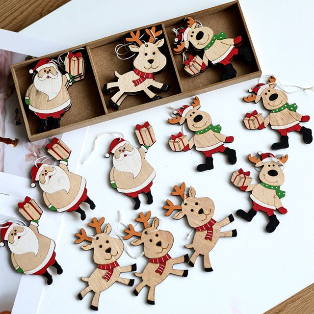 Adornos para Árbol de Navidad Xihbxyly Papá Noel Muñeco de Nieve Reno Colgante de Madera 9 Piezas
