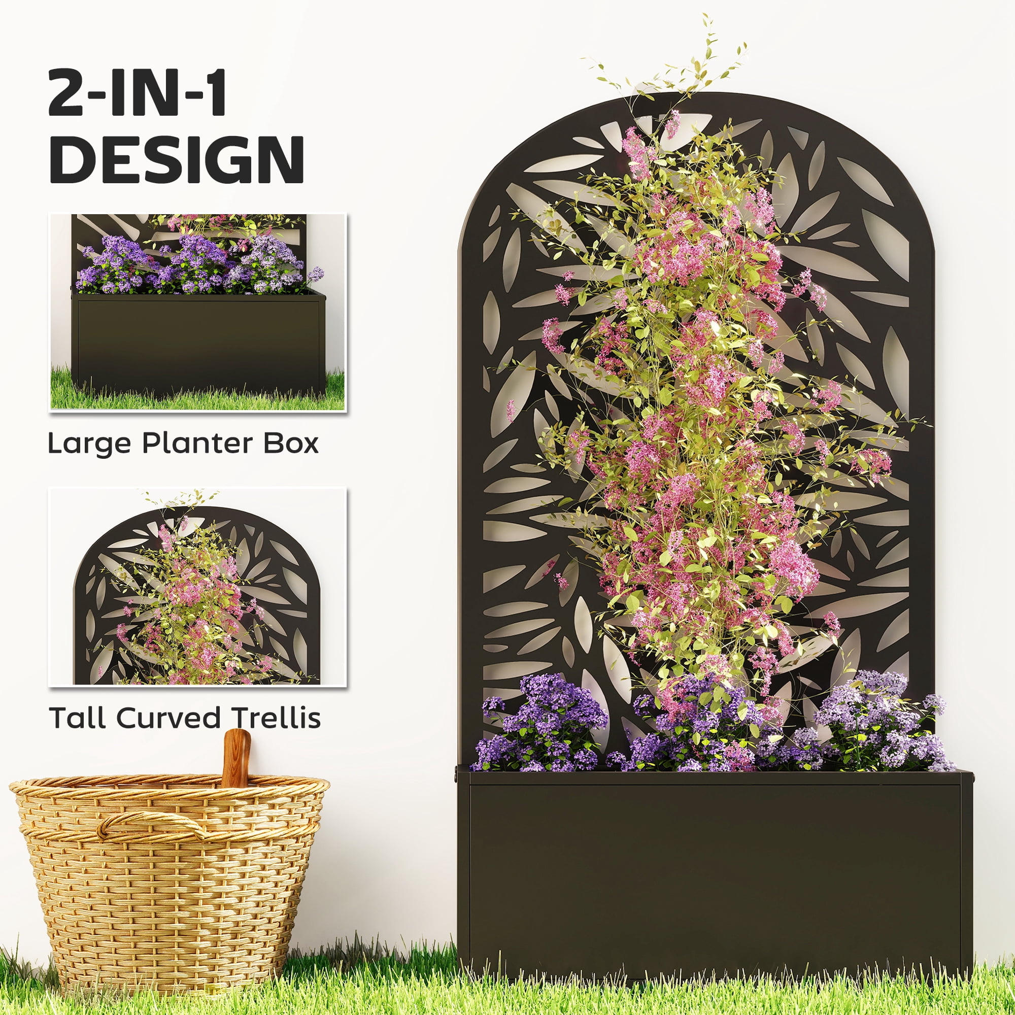 Outsunny Metal Raised Garden Bed with Trellis, Freestanding or Wall Mounted Raised Flower Bed with Curved Privacy Panel for Garden, Patio, Balcony