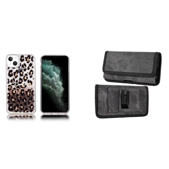 Liquid Glitter Case for iPhone 14 Plus and Belt Holster Pouch (Leopard/Gray)
