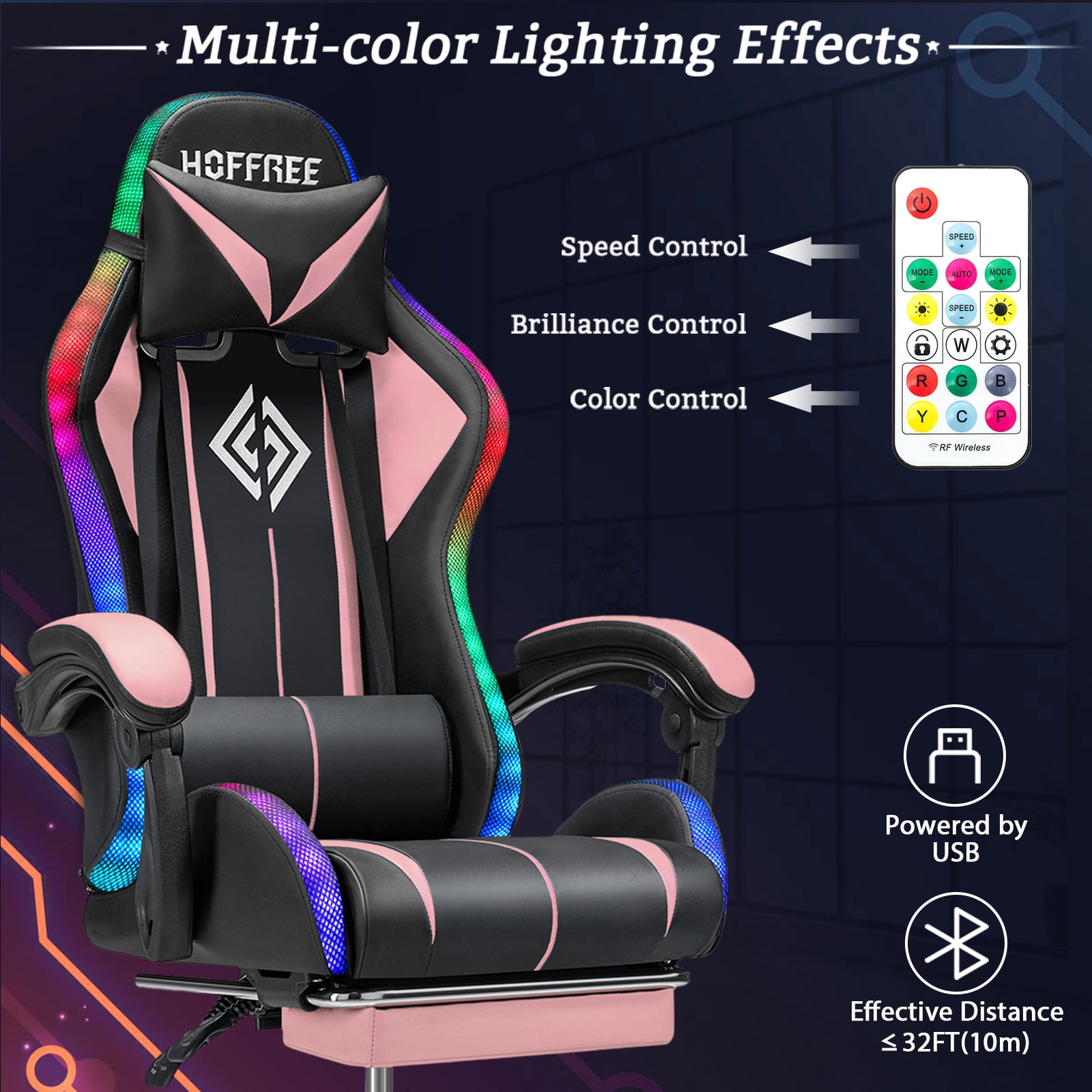 Hoffree Gaming Chair with Bluetooth Speakers and Footrest Massage Office Chair with LED Lights Ergonomic Game Chair High Back with Lumbar Support and Headrest Adjustable Swivel for Adults 300lb