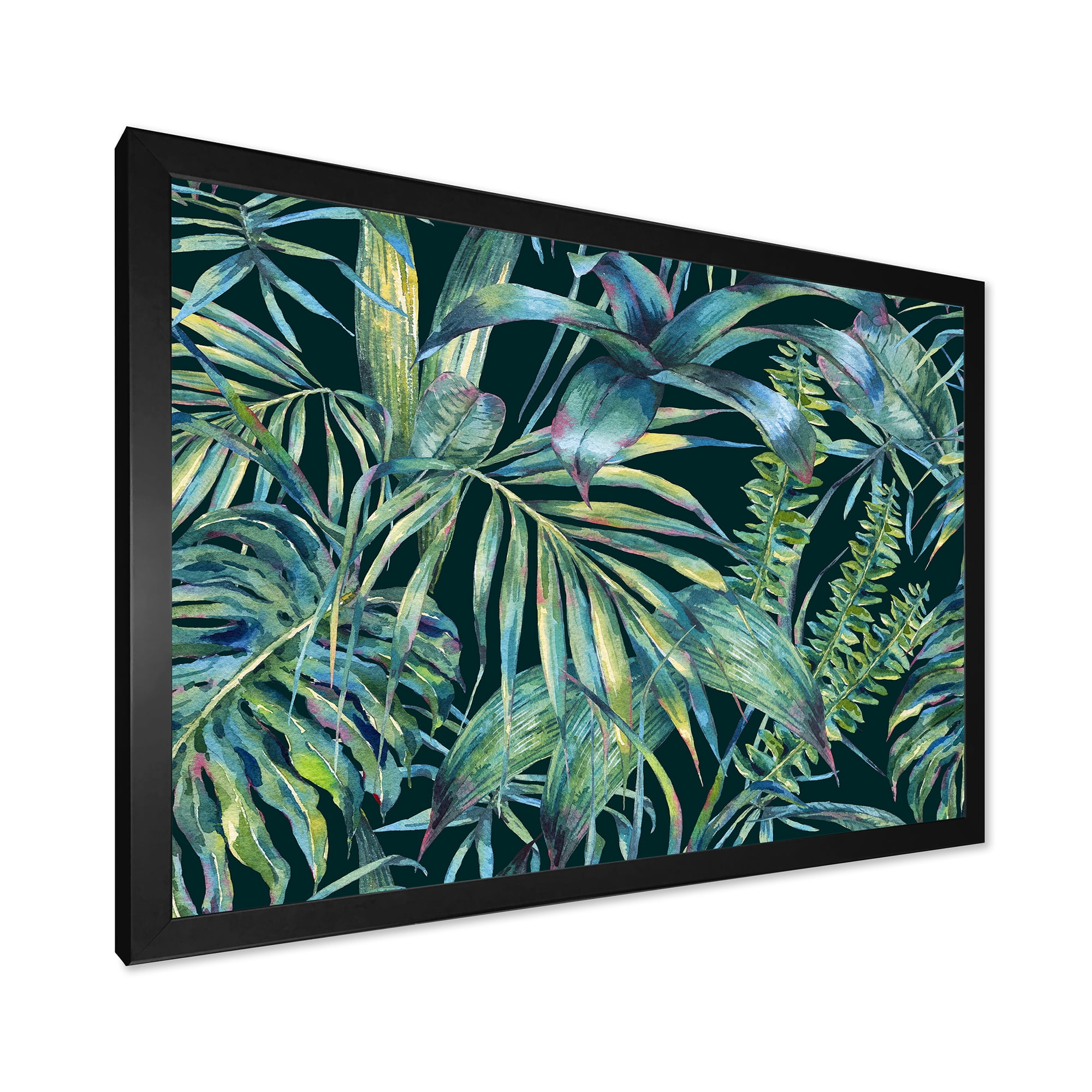 Designart 'Natural Green Leaves Exotic On Dark I' Tropical Framed Art Print