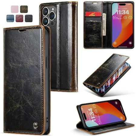 Flip Case for iphone 15 Pro Magnetic Wallet Retro Wallet Cover Card Holder Kickstand Crazy Horse Pu Leather