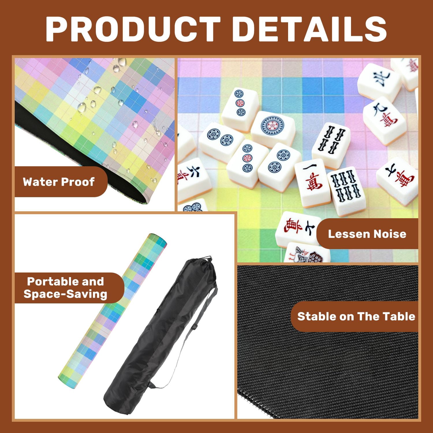 Mahjong Mat 31.5" x 31.5" Pastel Colorful Abstract Pixel Art Non-Slip Noise Reduction American Mahjong Tiles Table Cover for Dominoes Poker Card Board Games Gift