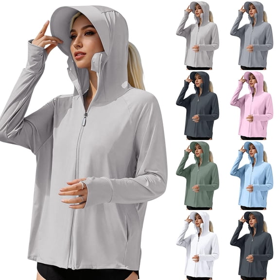 Trgacdwlo Ice Silk Women's UPF 50 Sun Protection Hoodie Jacket with Wide Brim Quick Dry Cooling Rash Guard Zipper Women Sun Shirt Blue