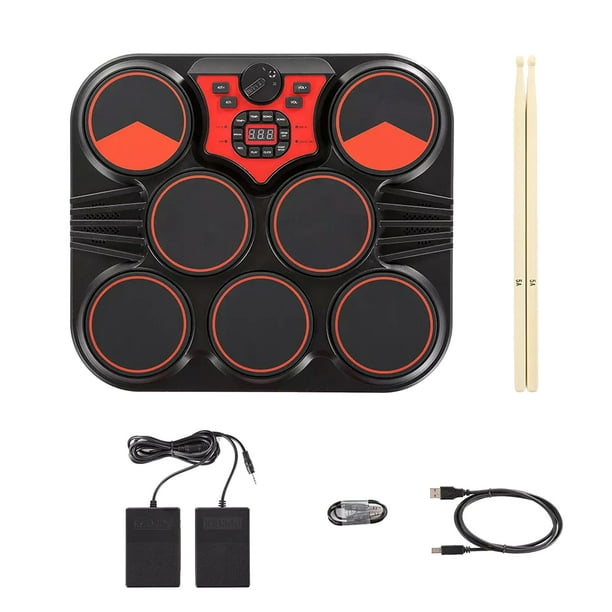 Tambor electronico Tambor electrónico de mesa USB/alimentado por batería. 7 almohadillas. juego de batería portátil con altavoces integrados. batería de litio recargable con 2 baquetas. pedales para n Maboto Tambor electronico