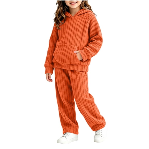 Girls Ribbed Outfits Set Casual Fashion Long Sleeve Soft Hoodie and Wide Leg Pants Kids Fall Clothes Orange 10-12