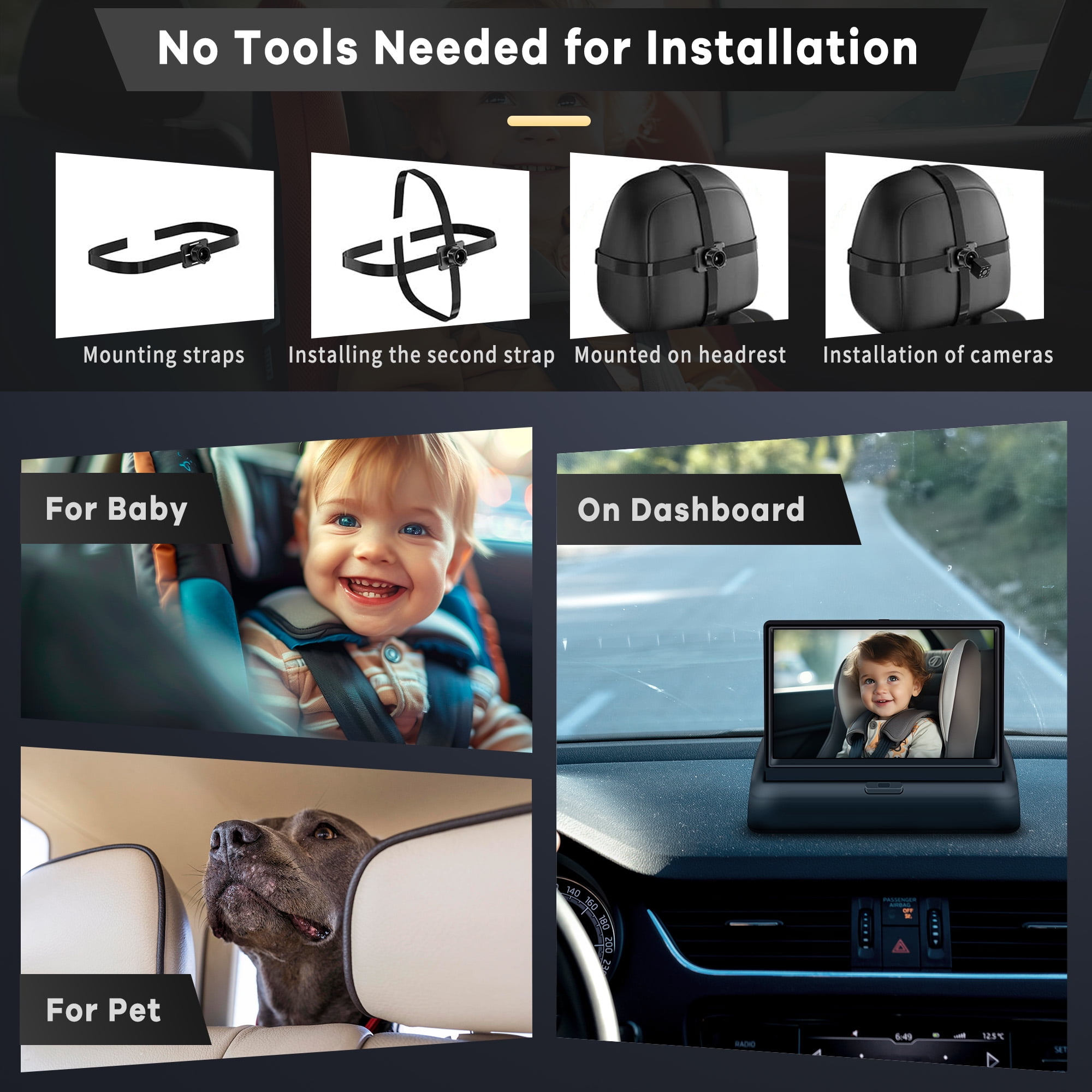 Baby Car Camera, HDJ 4.3'' HD Night Vision Function Car Mirror Display, 360° Adjustable Safety Car Seat Mirror Camera Monitored Mirror with Wide Clear View, Easily Observe Baby’s Move