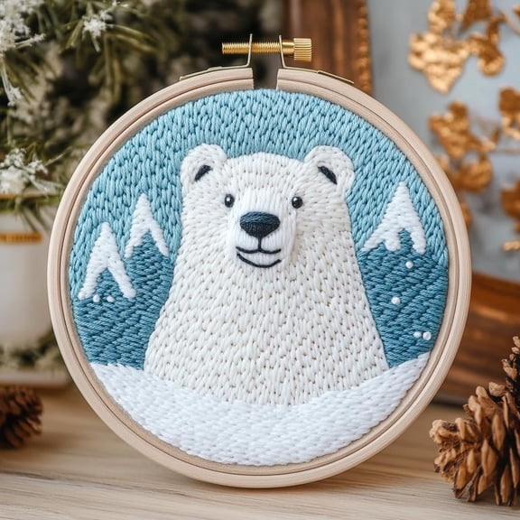 DIY Punch Needle Kits for Beginners Polar Bear with Snow Mountain Background with Hoop Punch Needle Starter Craft Embroidery Set Easy for Adults and Children Festival Gift and Decoration 20x20cm-3