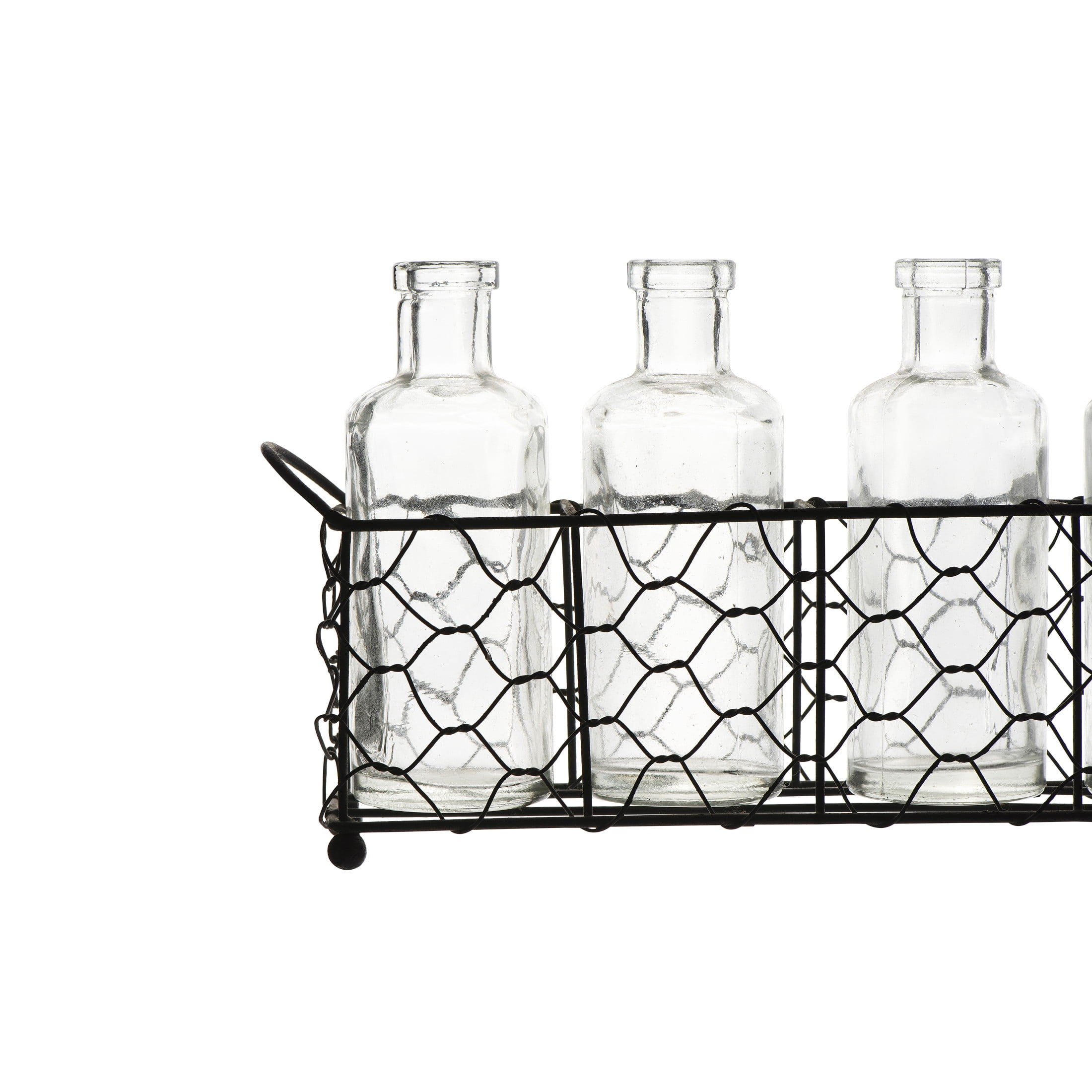 Creative Co-Op 5 Glass Vase Bottles on a Rectangle Metal Holder with Handles, Clear and Black, Set of 6