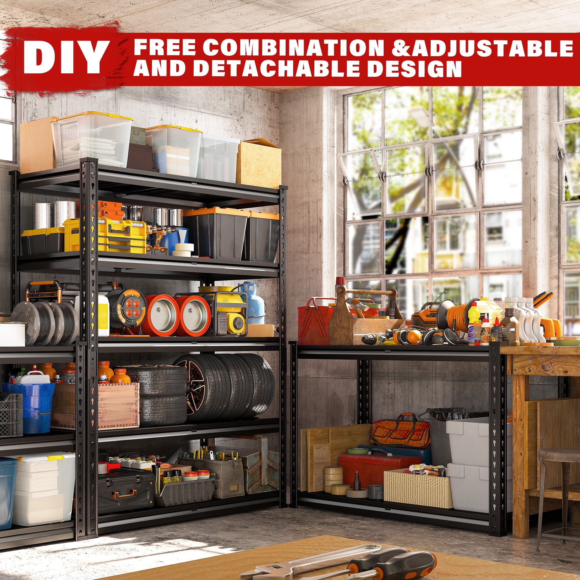 REIBII 3000 LBS Heavy Duty Storage Shelf for Garage Storage 72" Adjustable Metal Shelving Rack