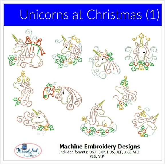 Threadart Machine Embroidery Designs - Unicorns at Christmas