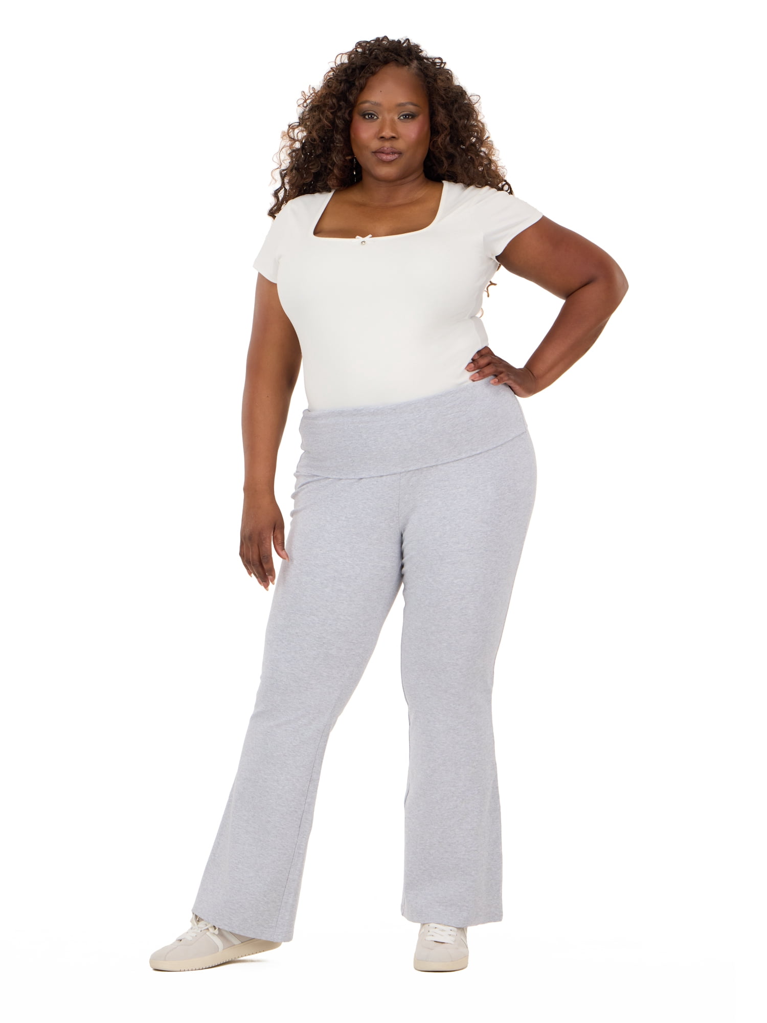 Forever 21 Women's Jersey Fold Over Waist Pants with Graphic Detail, Flare Leg Lounge Pants, Stretch Casual Everyday Comfort Style, Grey, XXS-4X