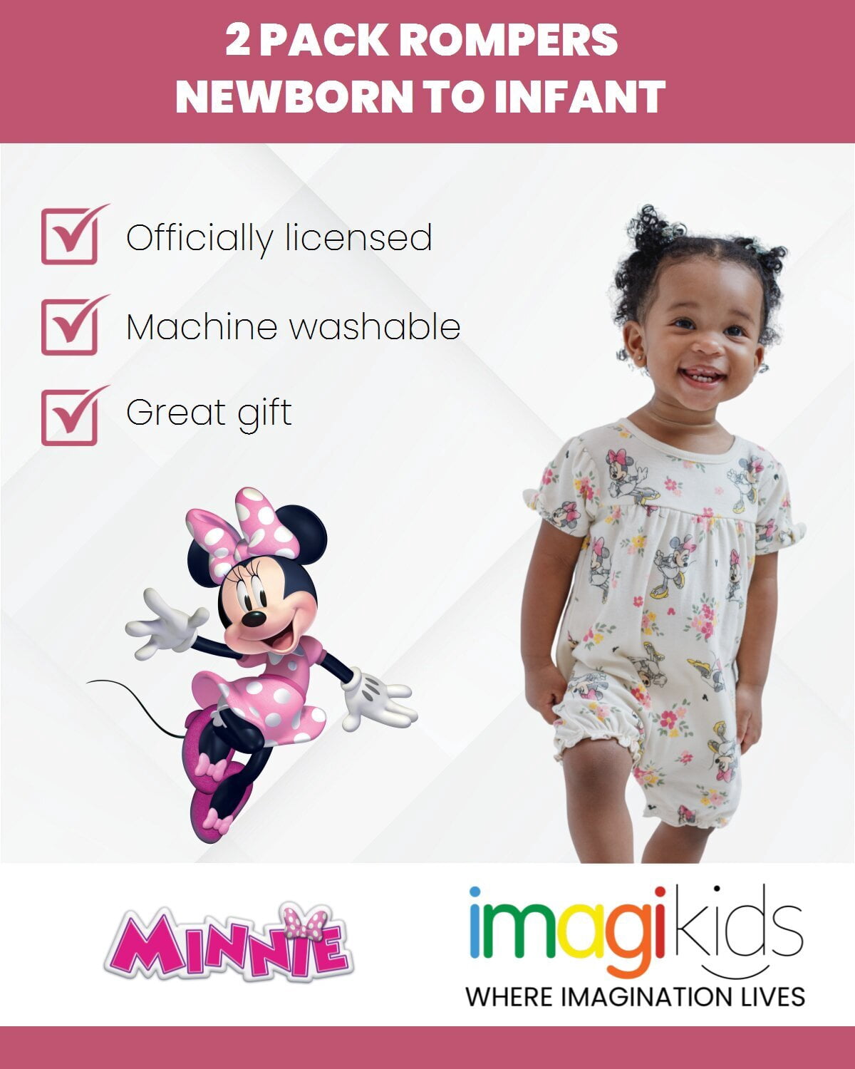 Disney Minnie Mouse Baby Girls' 2-Pack Short Sleeve and Sleeveless Bubble Romper Set Pink and Ivory Minnie Mouse