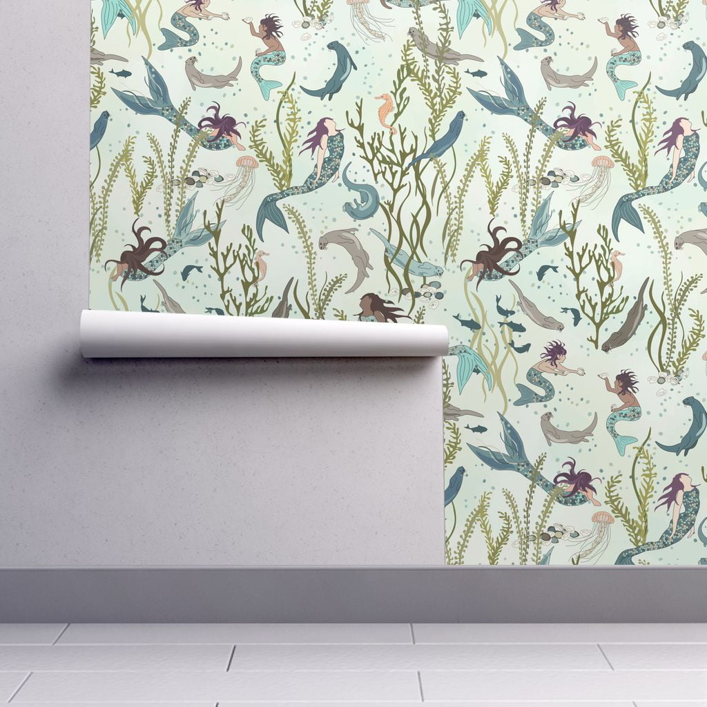 Peel-and-Stick Removable Wallpaper Large Scale Mermaid Green Undersea