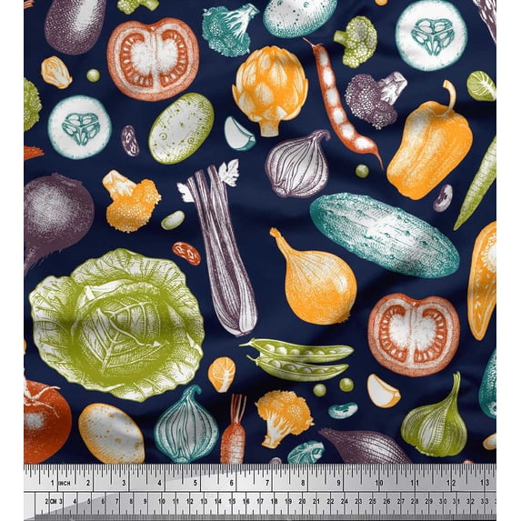 Soimoi Blue Heavy Satin Fabric Mixed Vegetable Print Fabric by the Yard 54 Inch Wide