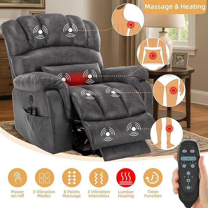 Tall Man Oversized Dual Motor Power Lift Recliner w/Heat Massage, Large Lay Flat Sleeper Electric Recliner with Extended Footrest for Elderly, Lumbar Pillow, USB & Type-C Ports, Gray