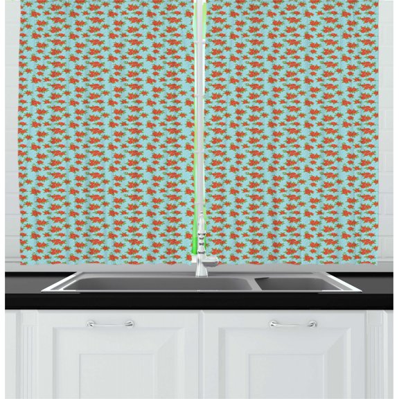 Floral Kitchen Curtains, Romantic Roses and Leaves on a Background of Bubbles, Two Panels Drapes with Rod Pocket Room Decor, 55" X 45", Blue Burnt Orange, by Ambesonne