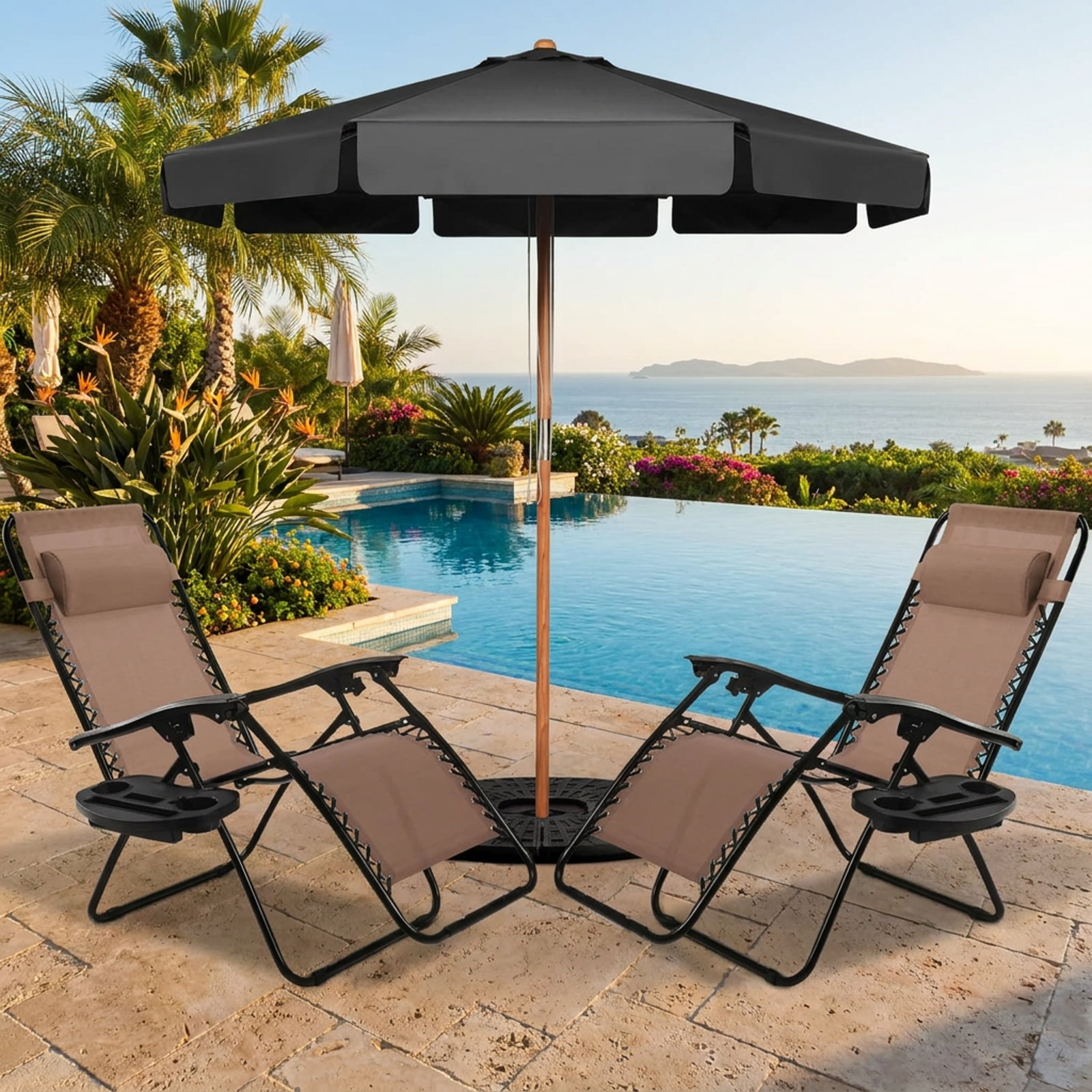 Furnibear 2 Piece Folding Zero Gravity Lounge Chair Set with 0 to 160 Degree Recline Removable Tray Padded Pillow Powder Coated Steel Frame and Bungee Support for Patio, Gray