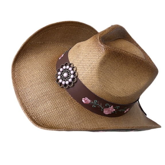 Gemstones Cowboy Hats Western Ethnic Straw Hat Outdoor Sunproof Cowgirl Hat for Adult Driving Traveling Riding