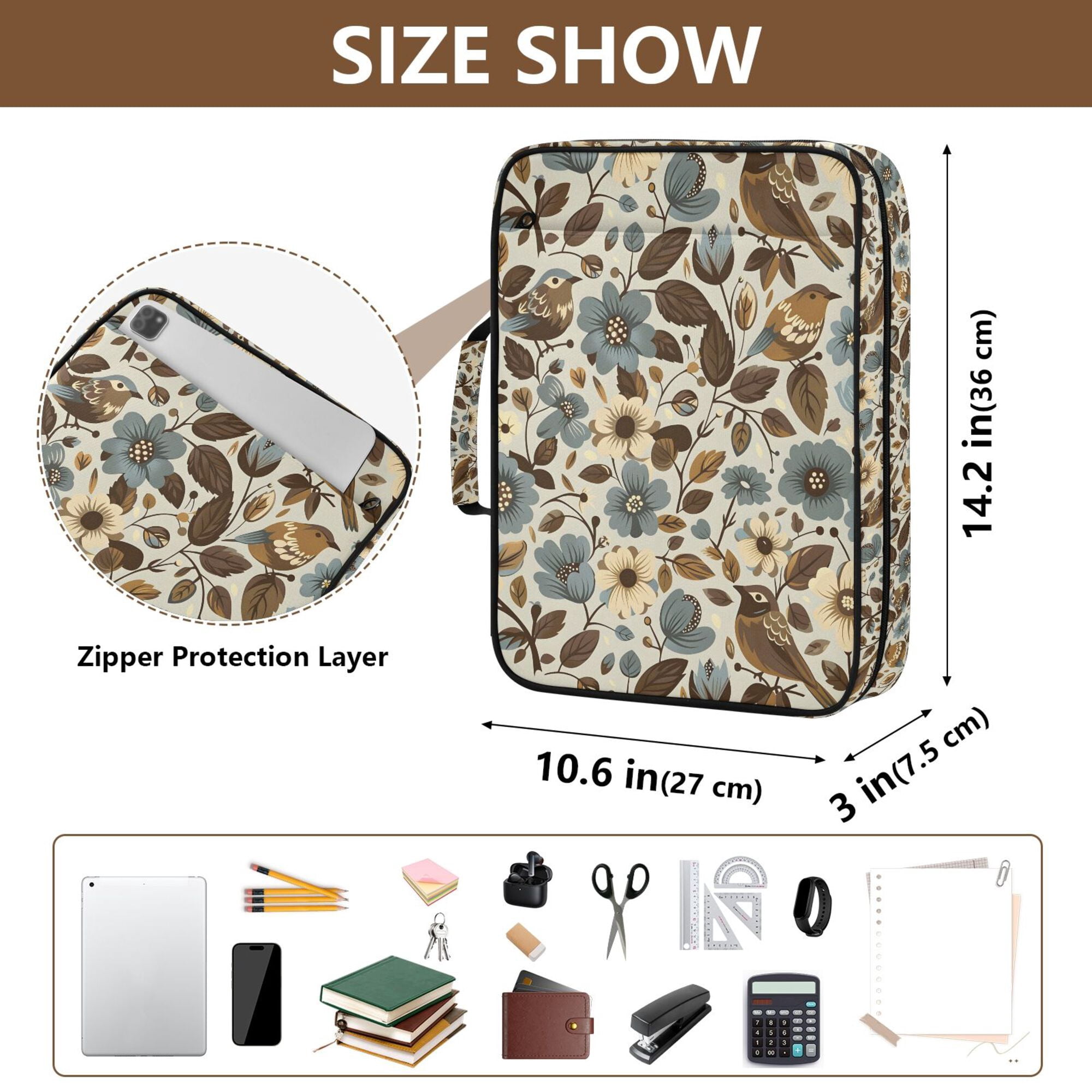 FORMRS Accordion File Folder A4 Size 7-Pocket Expanding Document Organizer Bag with 3 Ring Binder, Brown Bird Floral Pattern