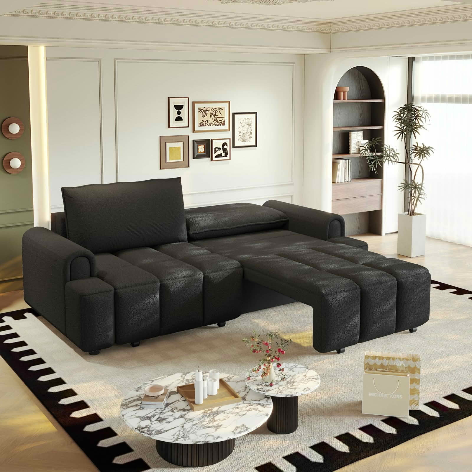MAYEERTY Modern 90.2‑Inch 4‑Seater Sherpa Fleece Sofa, King‑Size 3‑in‑1 Convertible Sleeper Sofa Bed with Built‑in Seat Storage and 2 Decor Pillow