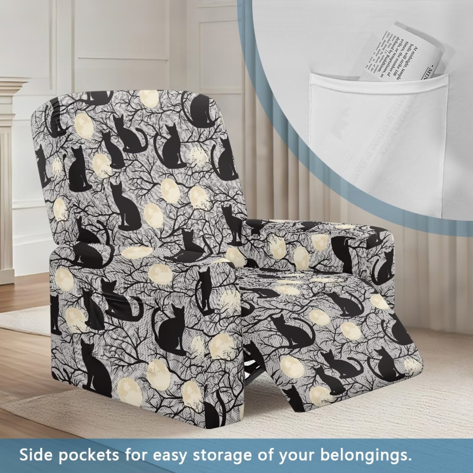Yuyamidu Black Cat Reclining Chair Covers 4 Pieces Comfortable Recliner Sofa Slipcovers with Pocket Replacement Lazyboy Cover for Recliner Chair Gift for Friends