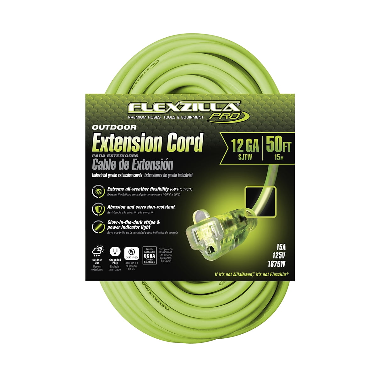 Flexzilla Pro Extension Cord 12/3 AWG SJTW 50ft Outdoor Lighted Plug