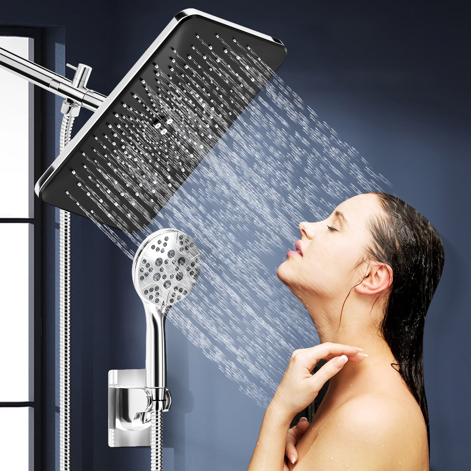 IUSU 11.8" Shower Head Set High Pressure Rainfall Rain Shower Head 8-Setting Handheld with Hose Silver