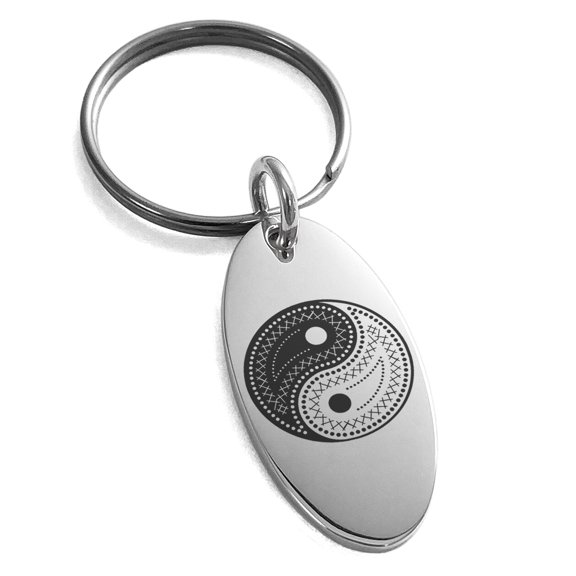 Stainless Steel Paisley Yin Yang Engraved Small Oval Charm Keychain Keyring