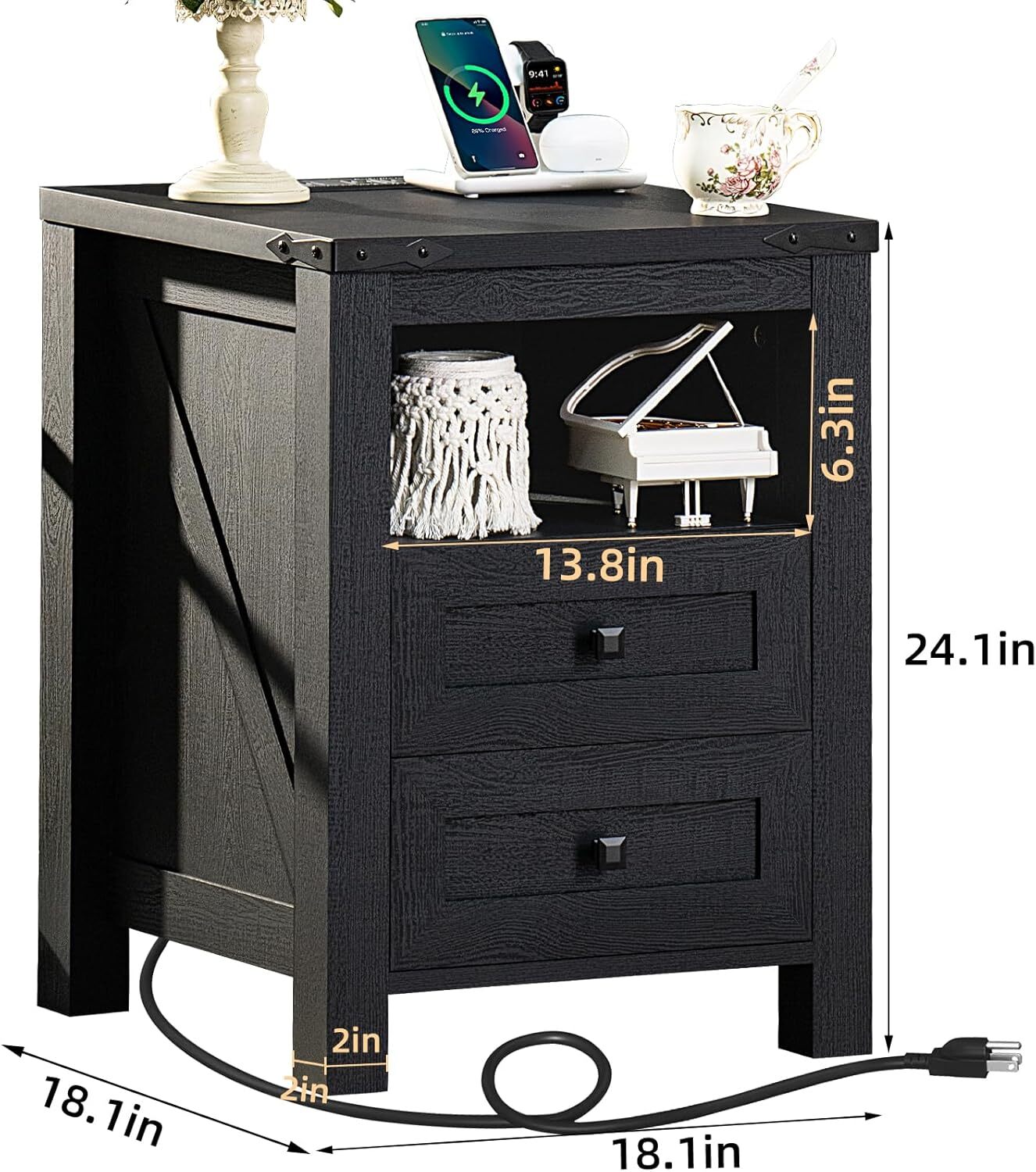 Joaxswe Nightstand with Charging Station Set of 2, 18"Wide Bedside Table with 2 Drawers & Open Shelf, Wood End Table with Storage & Metal Handle for Bedroom, Black