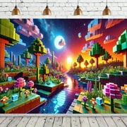 1 Piece Pixel World Dawn Themed Party Banner - Retro Video Game Design, Square Tree and Mushroom Pattern, Bright Color Mix, Durable Polyester Indoor and Outdoor Family Celebration