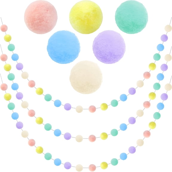 VANIDO 3Pcs Pastel Colorful Pom Pom Garland Decorations,Spring Felt Ball Garland for Classroom,Christmas,Mantle Decor,Easter Tree Ornaments,Party Hanging Decor