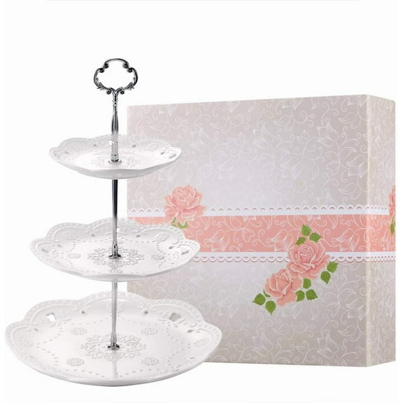 3-Tier Porcelain Cupcake Stand Serving Tray - White Embossed Elegant Dessert Cake Stand - Pastry Serving Stand for Tea Party, Wedding and Birthday