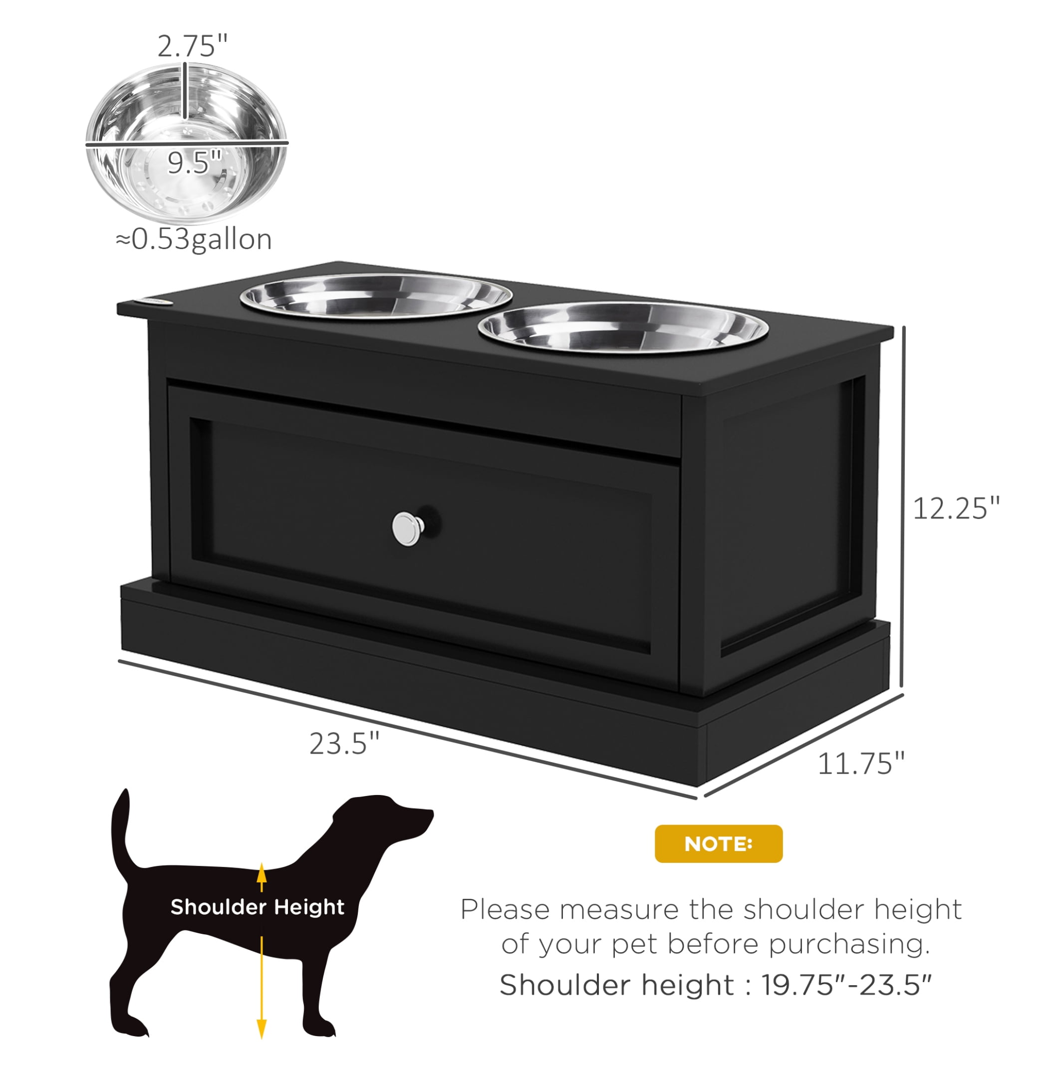 Raised Dog Bowls with Storage, Elevated Dog Feeder Stand, Stainless Steel Pet Bowls, Black - Large Dog Food Station