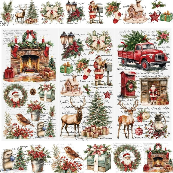 3 Sheets Christmas with Words Rub on Transfer Stickers,Santa Claus Window Decals Milu Deer Scrapbook Stickers Christmas Tree Cup Decals Decoupage Paper for Furniture,15 * 30cm
