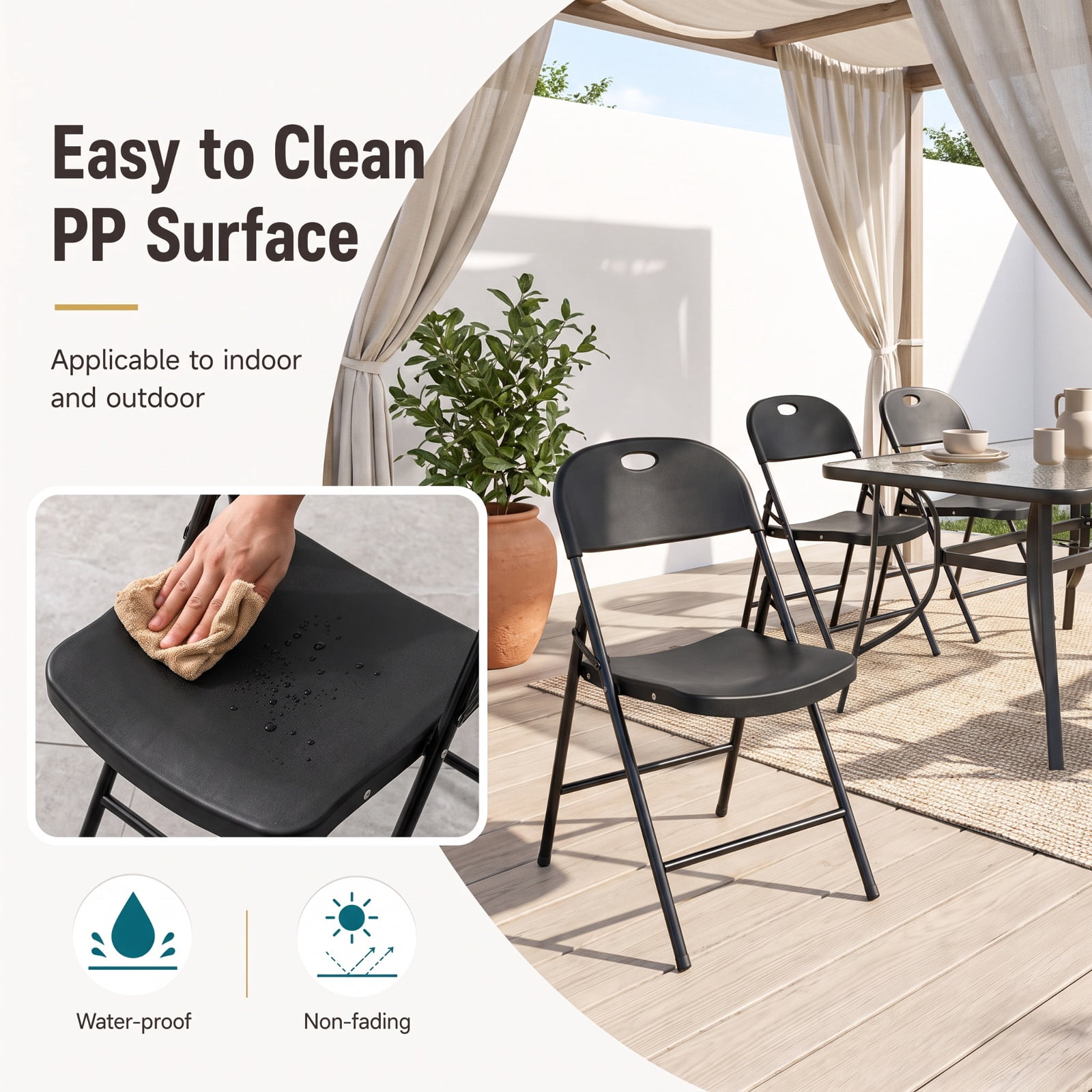 Furnibear Set of 4 Foldable Plastic Chairs with Ergonomic Backrest for Kitchen Dining Room Living Room Home, Black