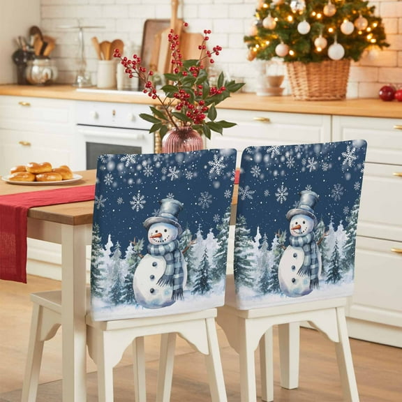 Christmas Snowman Chair Covers Set of 6 Winter Tree Snowflakes Deep Blue White Chair Back Covers Stretch Removable Washable Slipcovers Protector for Dining Room Kitchen Party Decor