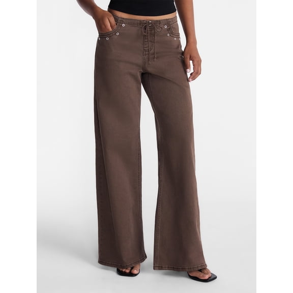 No Boundaries Drawstring Grommet Wide Leg Jeans, 30" Inseam, Women's and Women's Plus 1X-4X