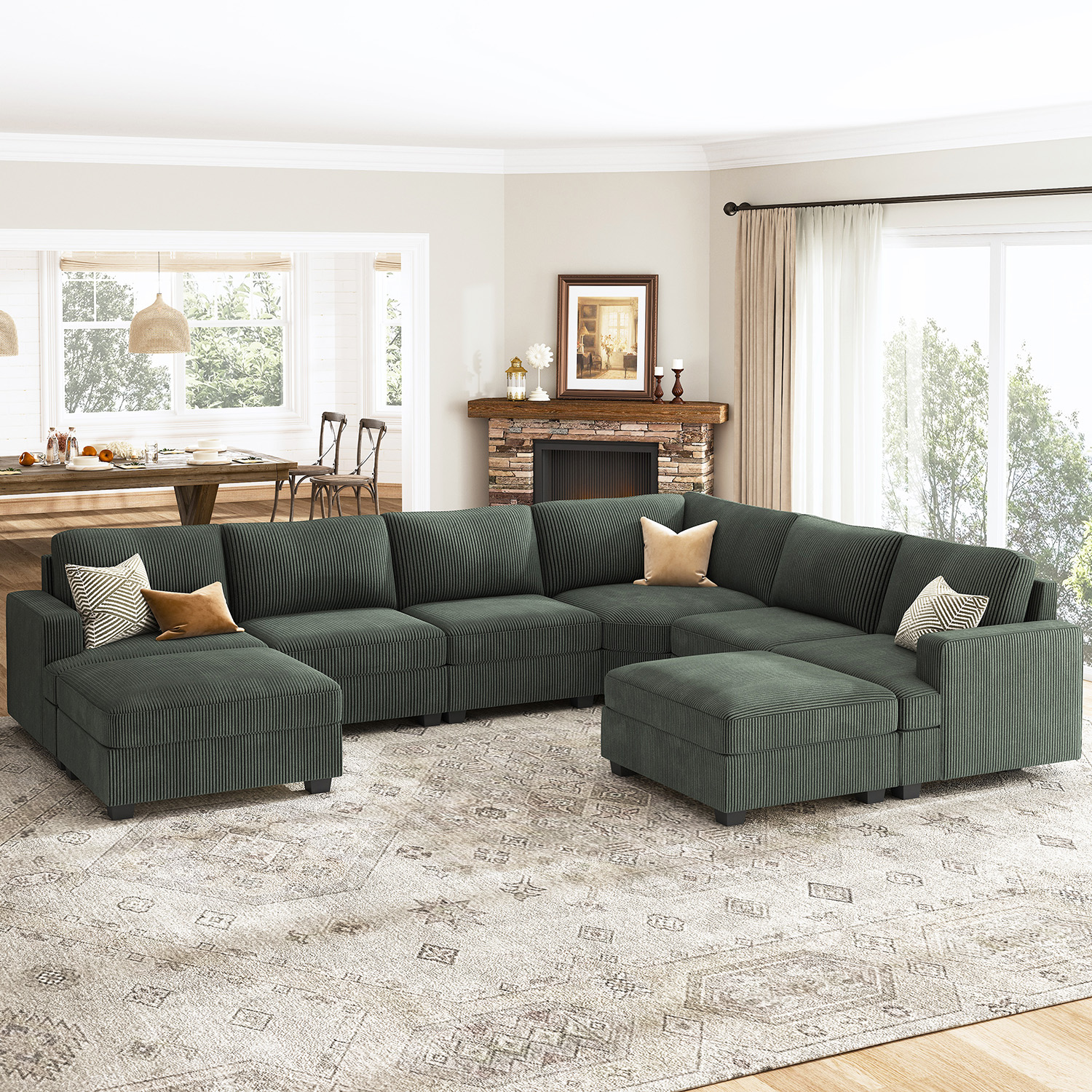 HONBAY 128.1" Modern Sectional Sofa Bed Couch U Shape Corduroy Sleeper Oversized with Storage Ottomans for Living Room, Green