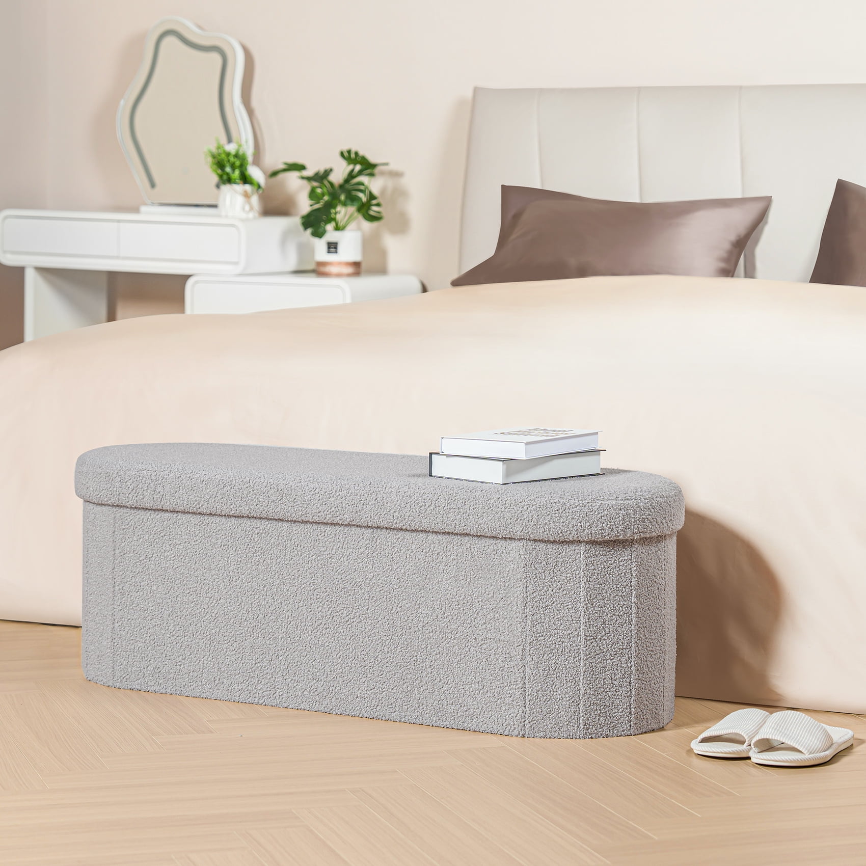 PINPLUS Storage Ottoman Bench Tufted Oval Ottoman Bench Foot Rest Velvet Bench with Storage 43" Grey