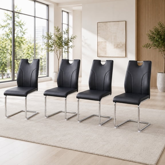 Ciphrias Black PU Leather Dining Chairs Set of 4 Durable Silver Metal Legs for Kitchen Room